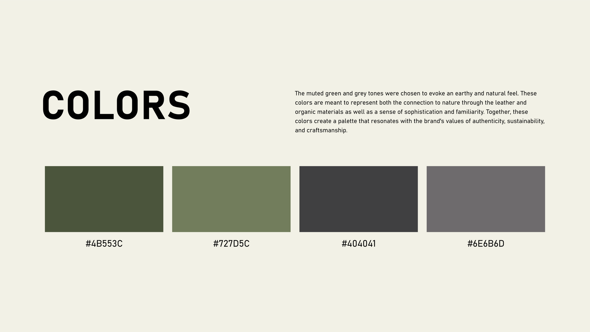 Color palette slide showing four muted green, olive, charcoal, and gray swatches labeled COLORS