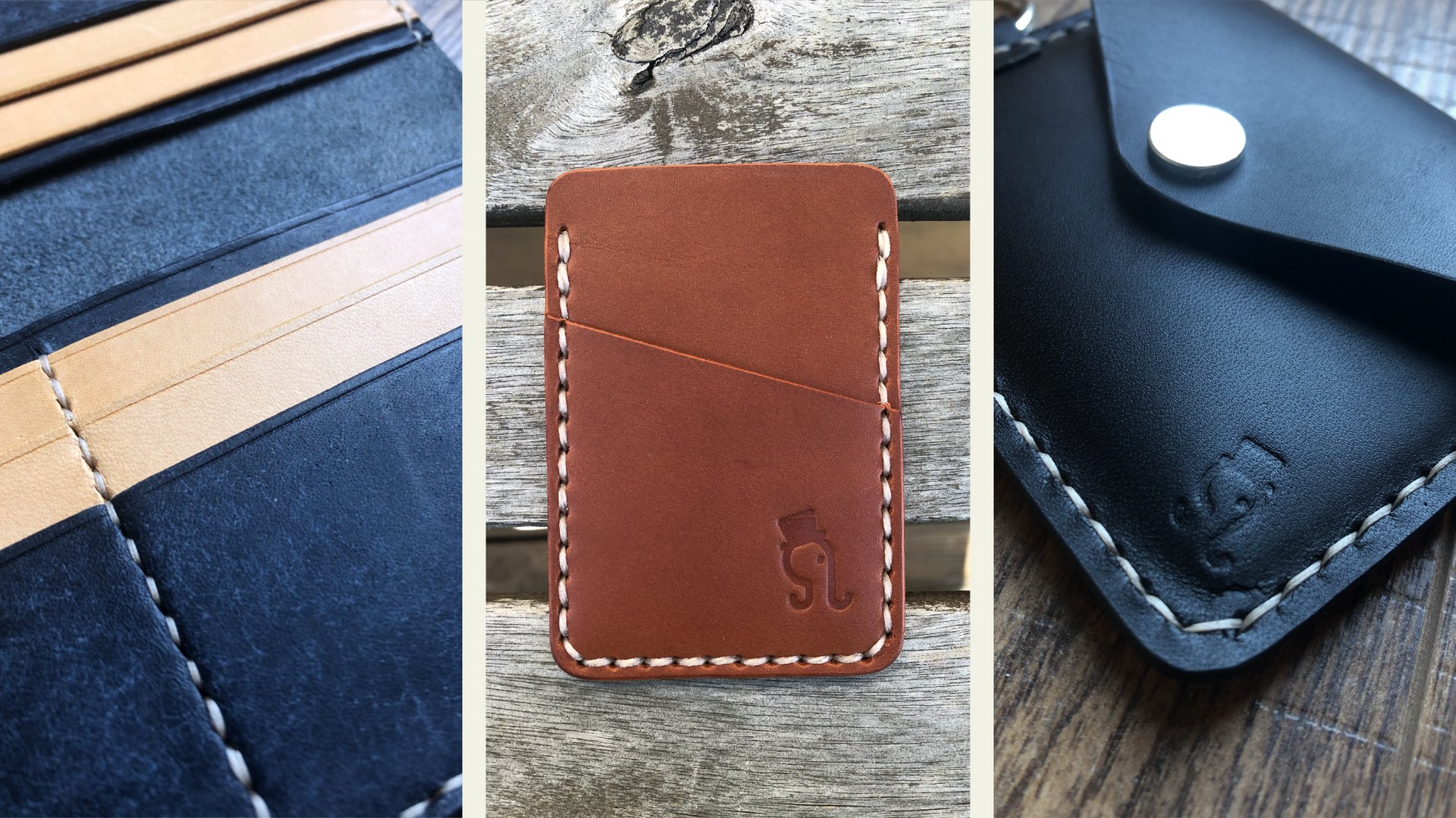 Collage of three close-up leather card holders in blue and brown with stitched detailing and metal snap.