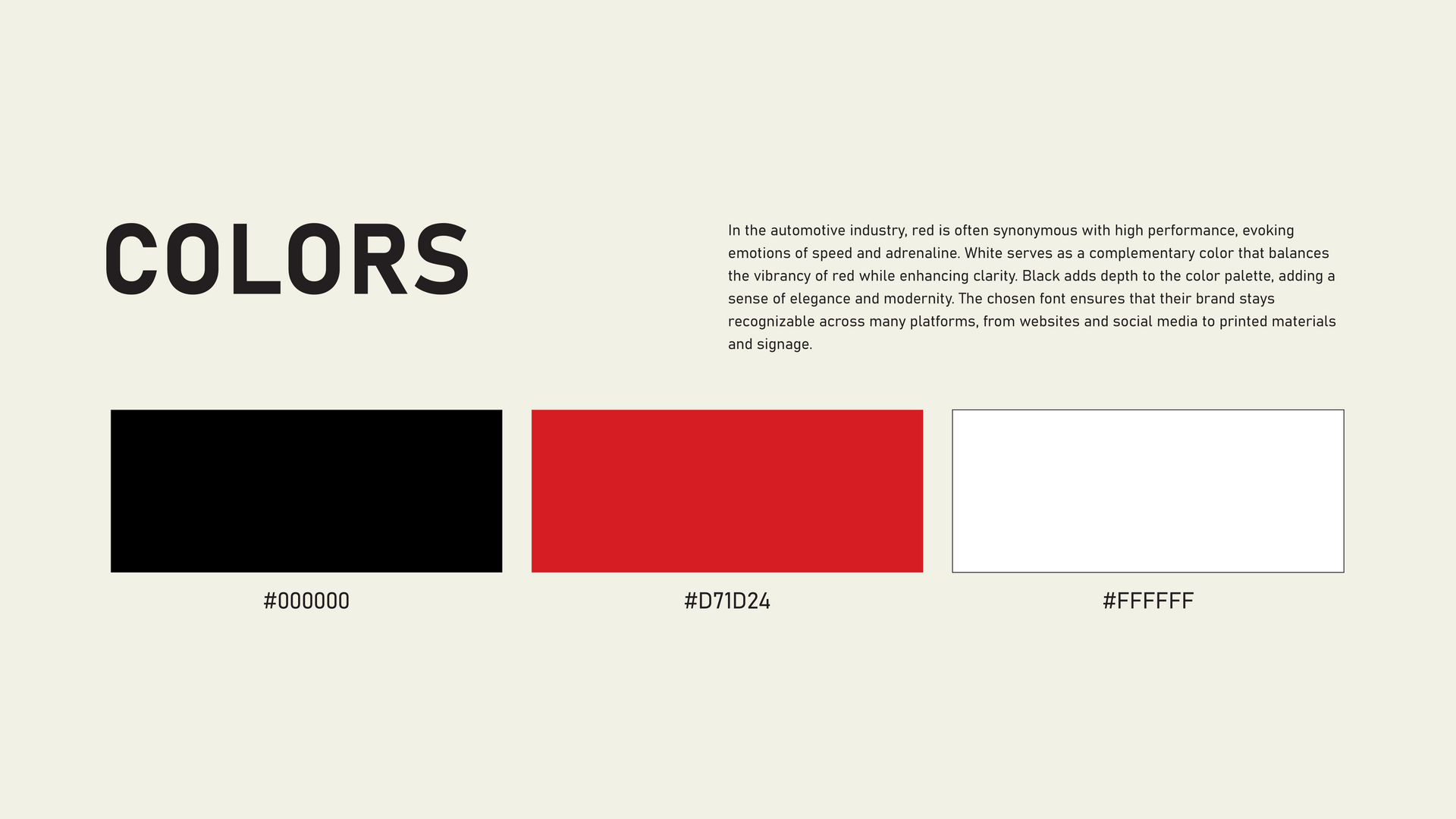 Color palette chart with black, red, and white swatches labeled by hex codes