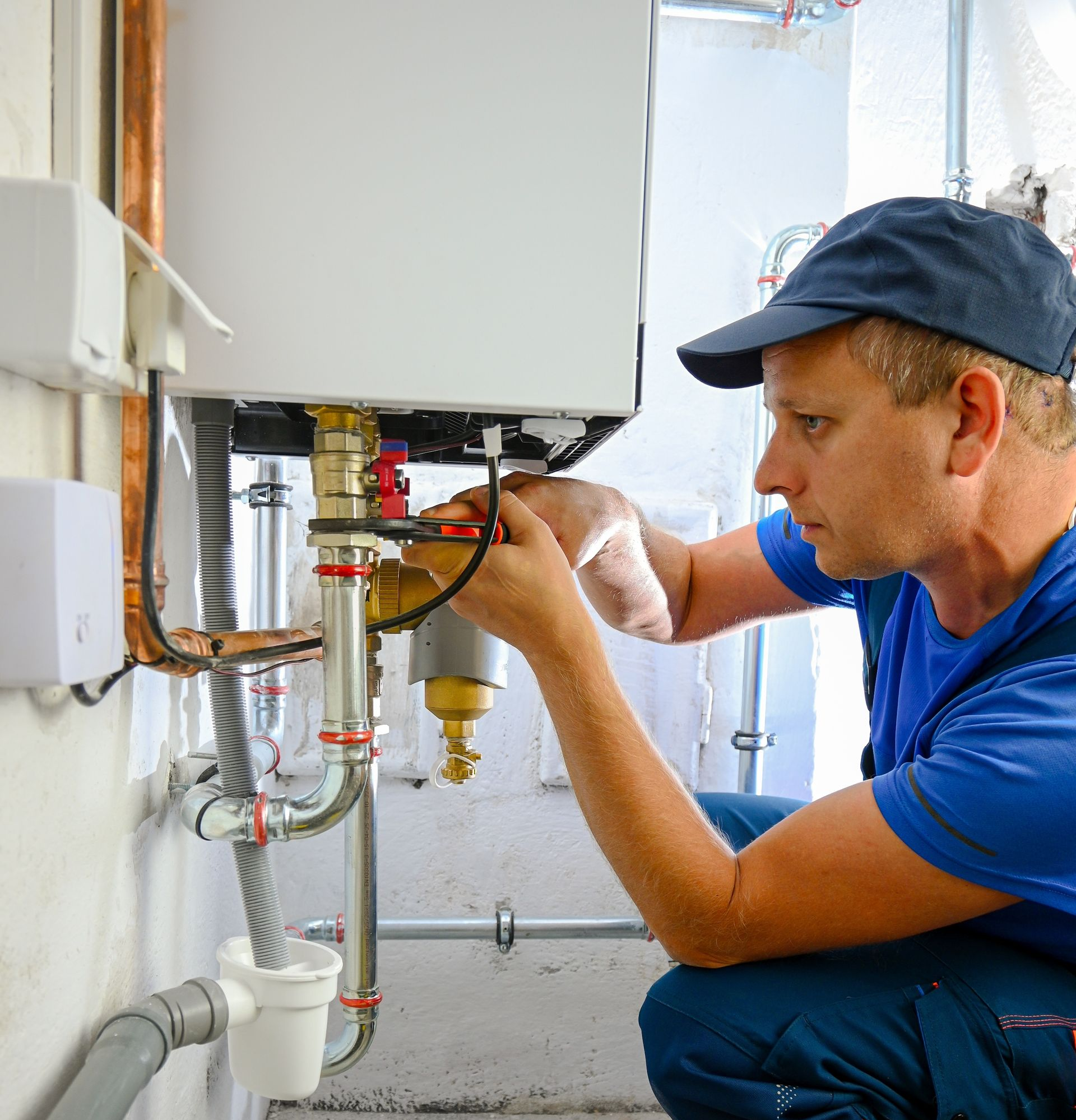 A person in a blue uniform and cap using a tool to repair pipes connected to a white wall-mounted boiler.