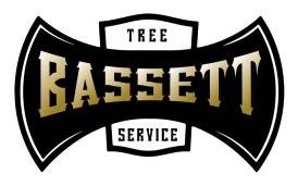 A black and gold logo for tree bassett service