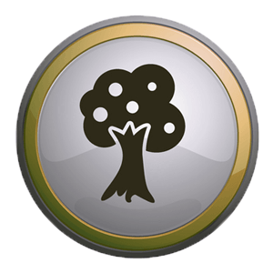 A silver button with a tree icon on it