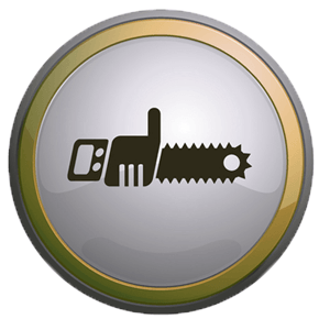 A circular button with a saw icon on it
