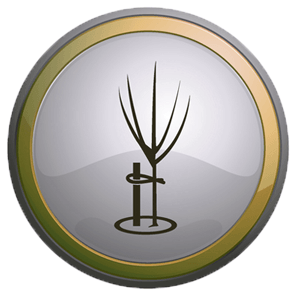 A silver button with a tree in the center