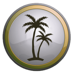A silver circle with two palm trees on it