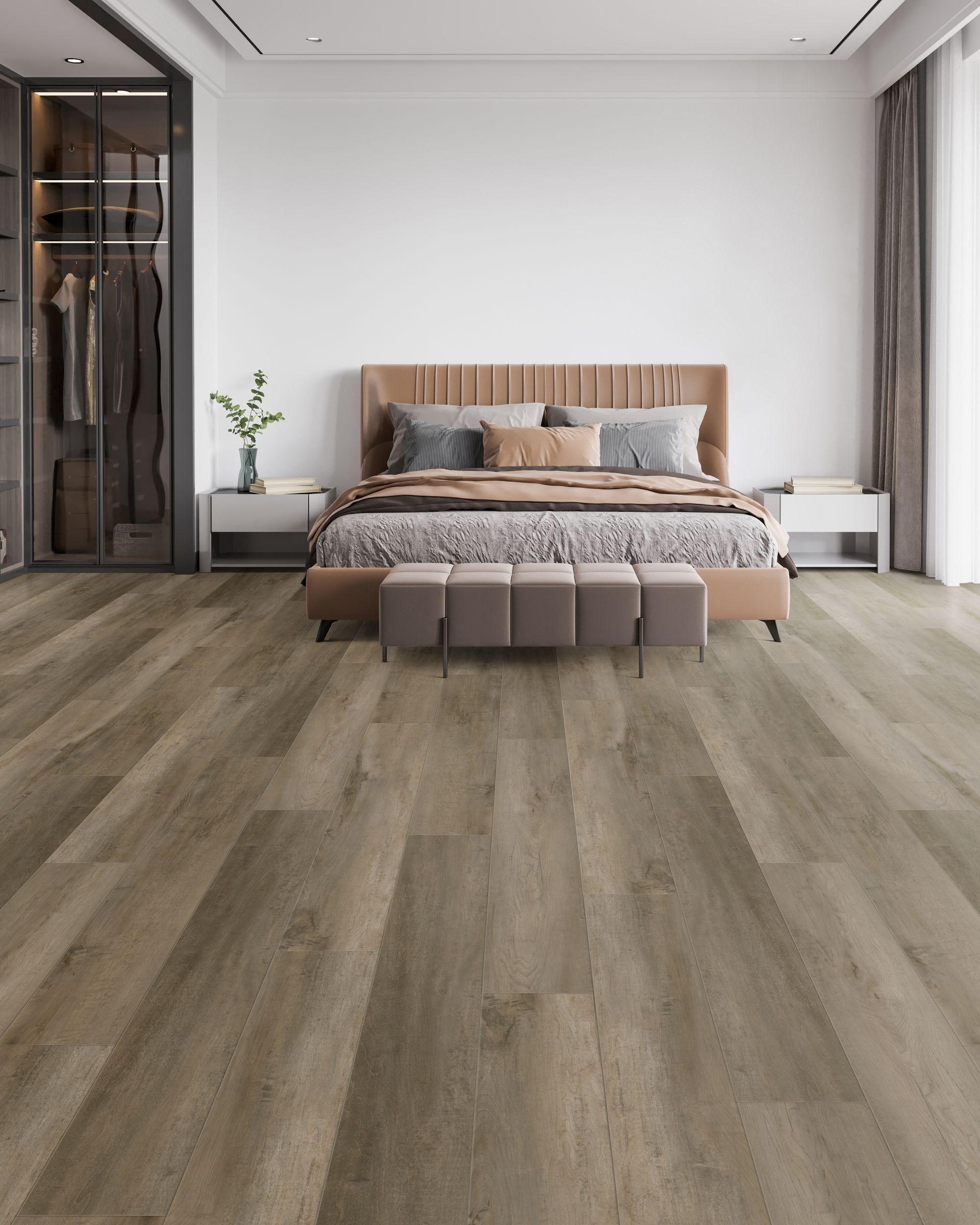 Modern bedroom with wooden bed, neutral decor, and light wood flooring