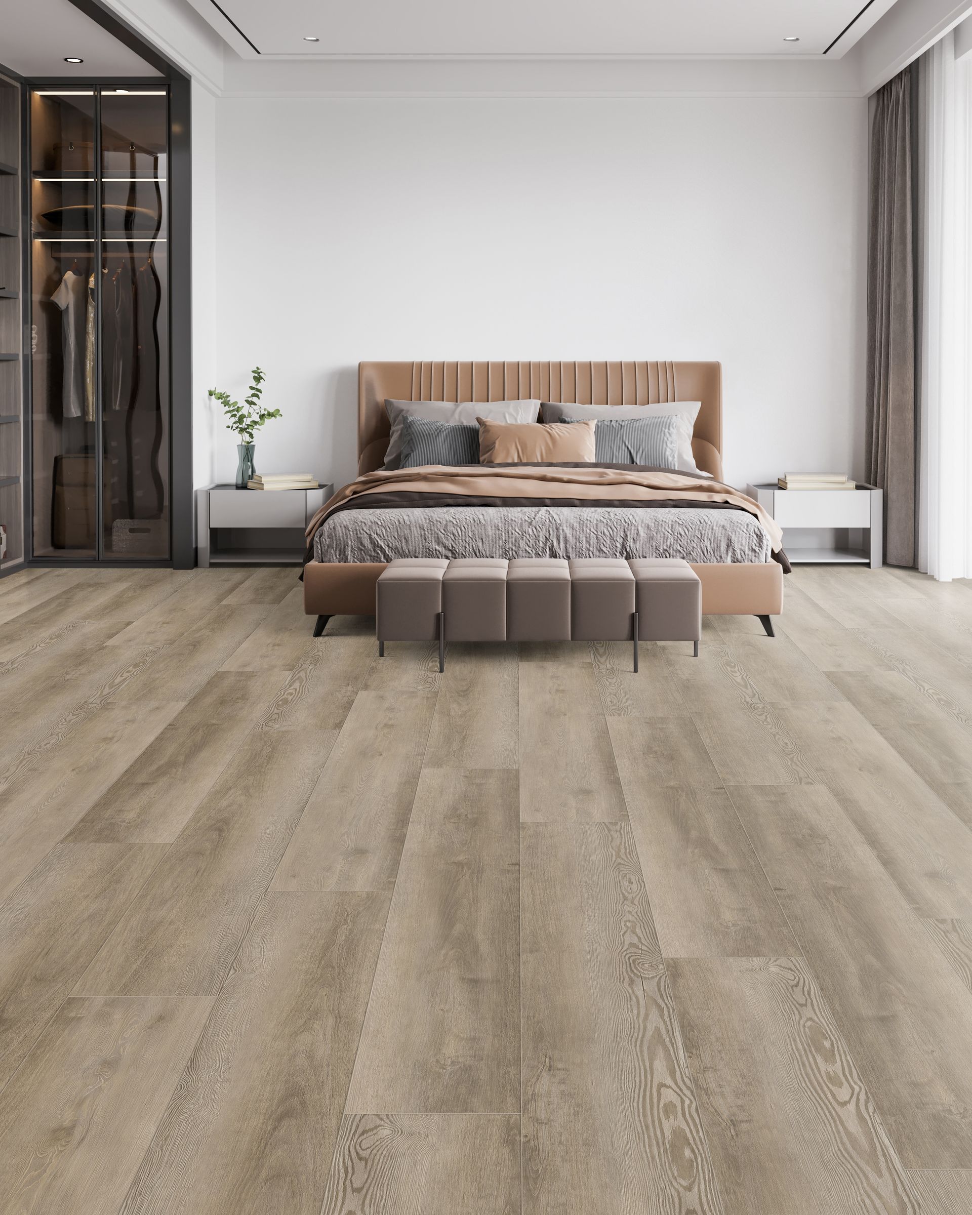 Modern bedroom with wood bed, gray bedding, and light wood flooring in a minimalist interior