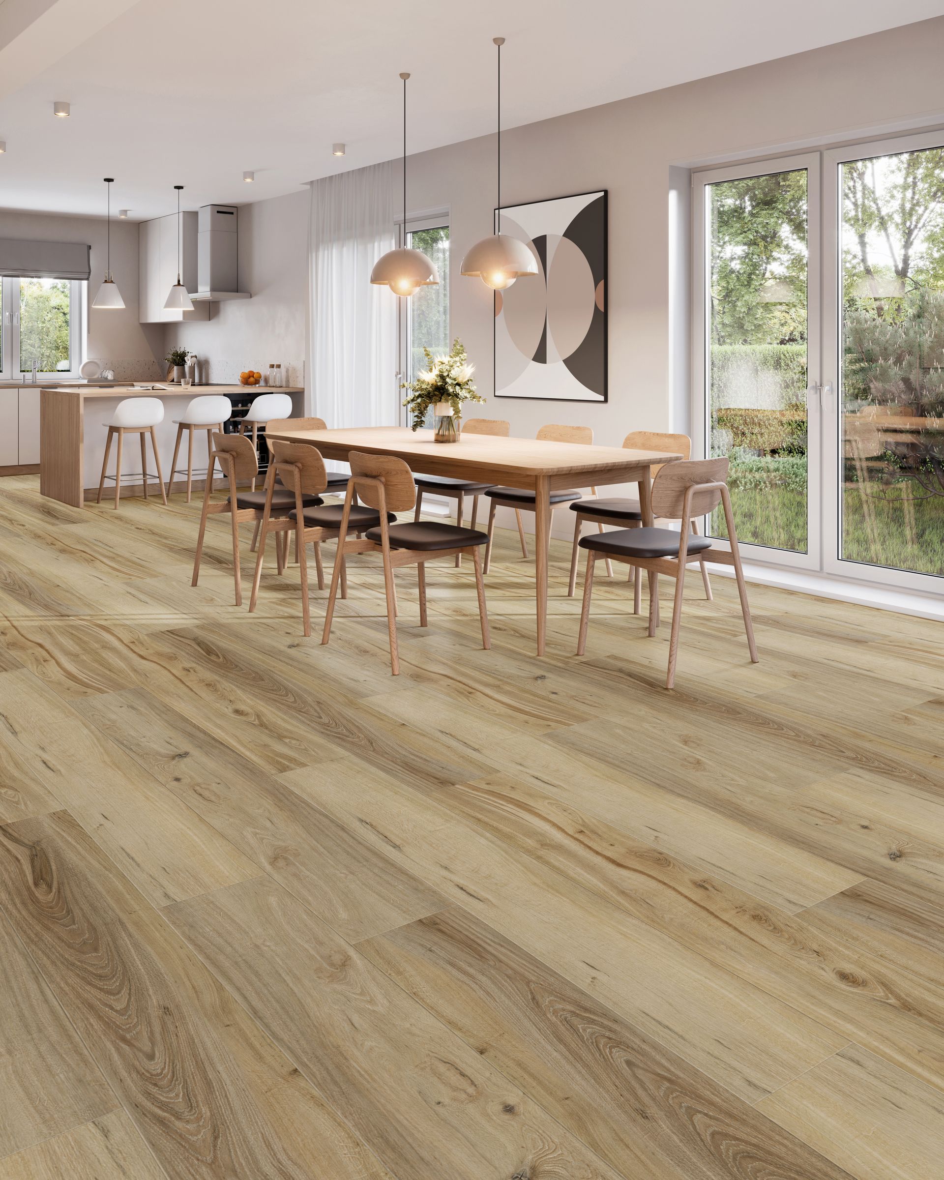 Bright modern dining room with wood table, chairs, large windows, and light wood flooring
