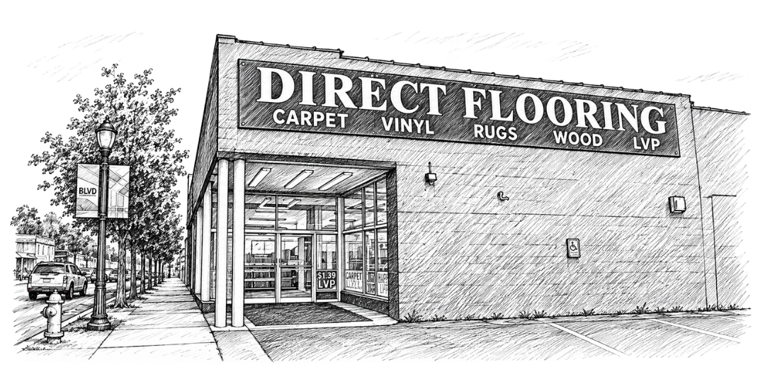 Black-and-white storefront of Direct Flooring with carpet, tile, rug, and wood signs.