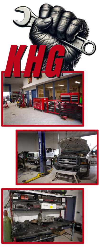 KHG auto repair shop collage with red lifts, trucks, and workshop scenes