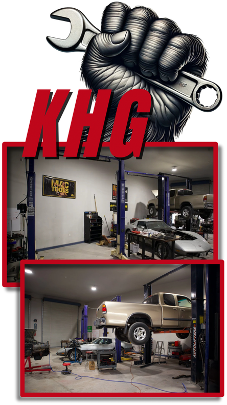 KHG automotive repair shop logo with wrench and two garage scene photos in red frame