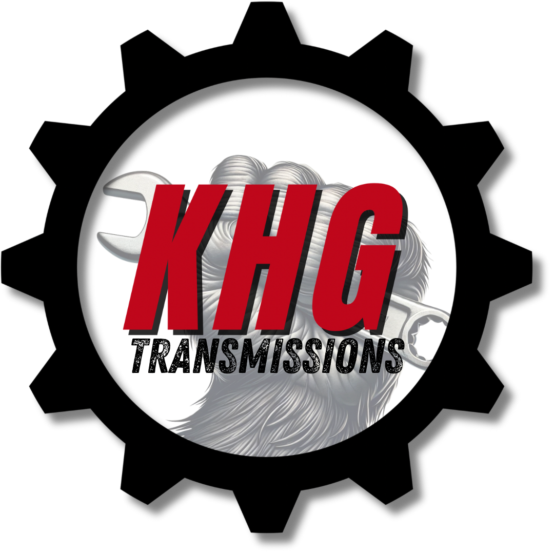 KHG Transmissions logo in a black gear with red and black text over a silver background