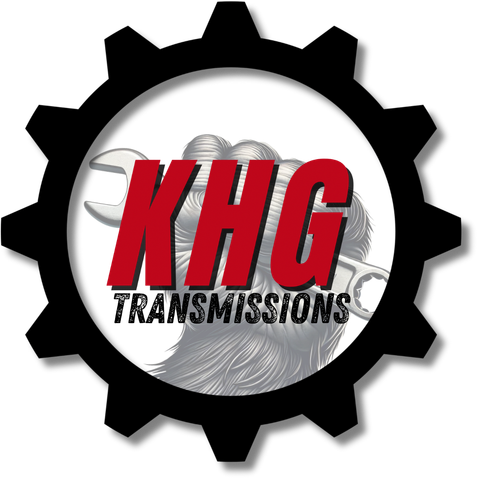 KHG Transmissions logo inside a black gear with red and black text on a gray background