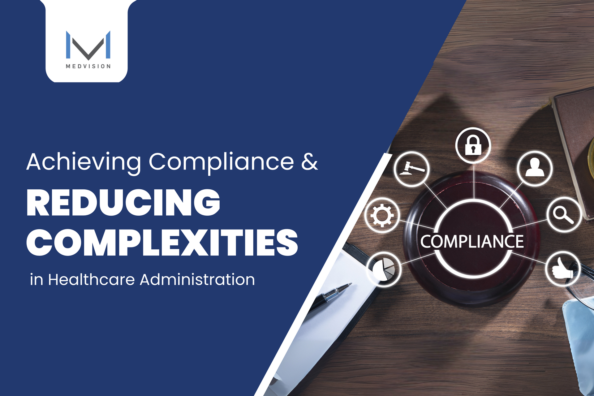 Healthcare compliance concept symbolized by icons for security, processes, and regulations.