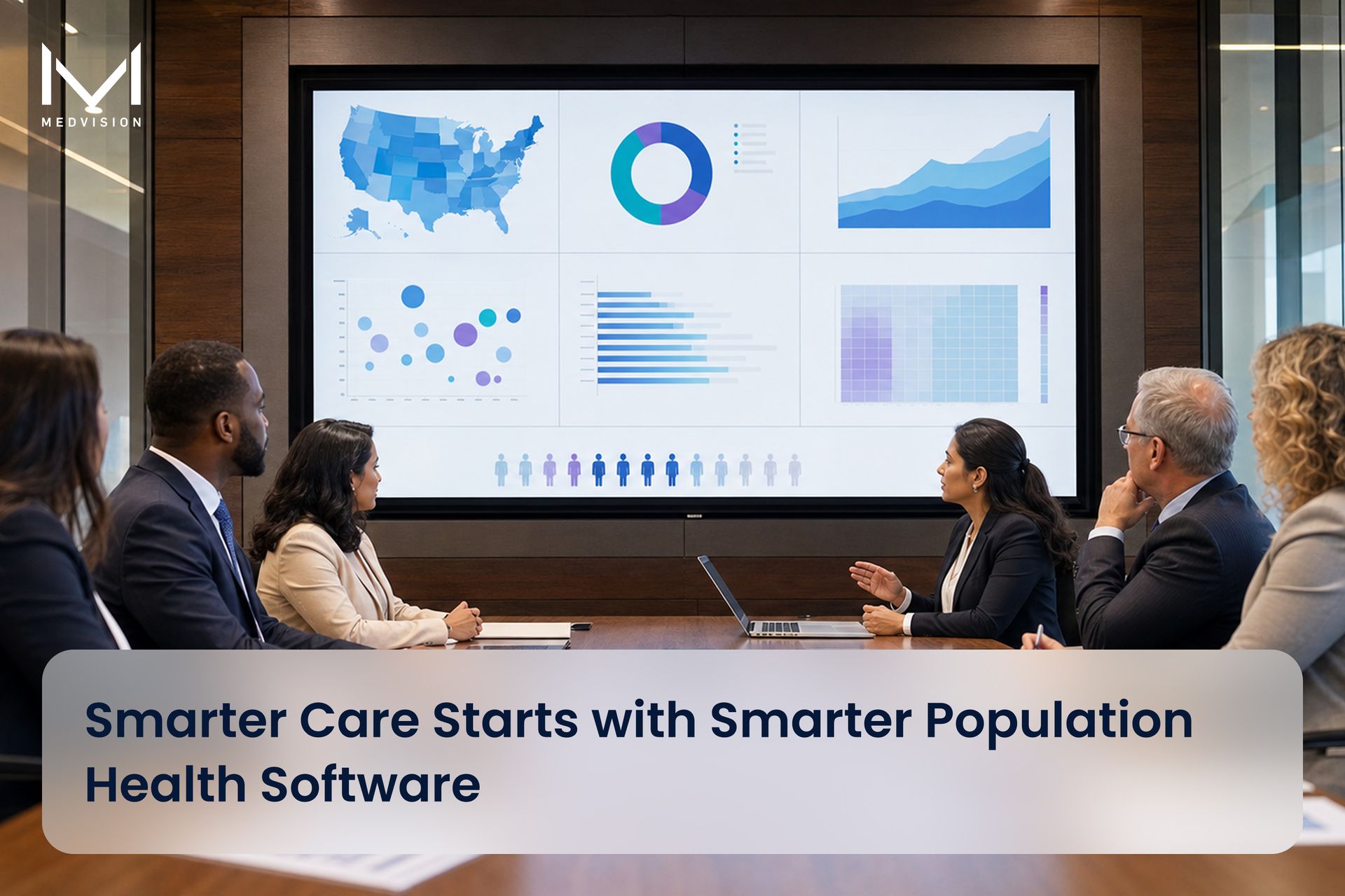 Payer and clinical leadership team reviewing a population health management software dashboard to improve member outcomes, network performance, and care coordination.