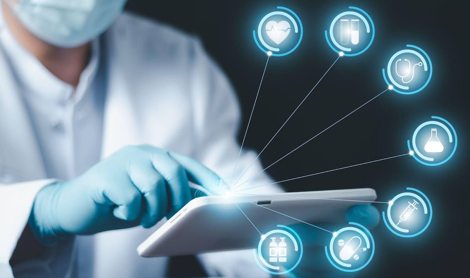 A doctor uses a tablet with connected medical icons, representing automation in healthcare.