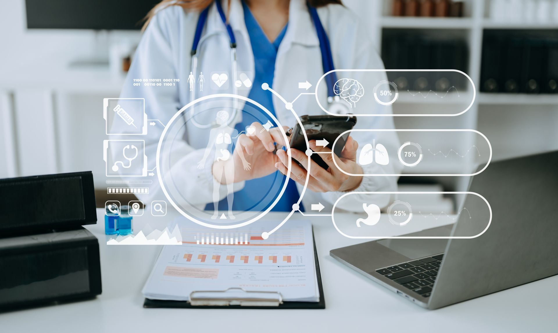 A doctor using healthcare administration software to develop an effective treatment plan.