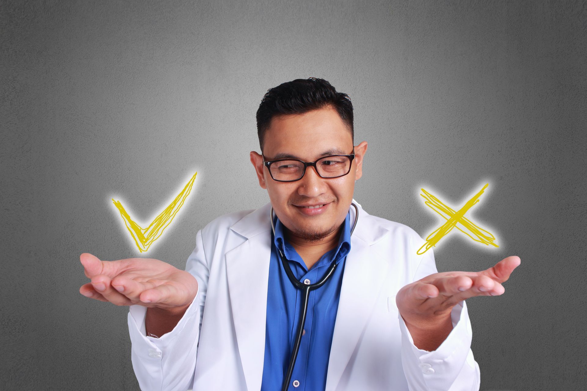 Doctor in a white coat holding hands out with a checkmark on the left and an X on the right, weighing options.