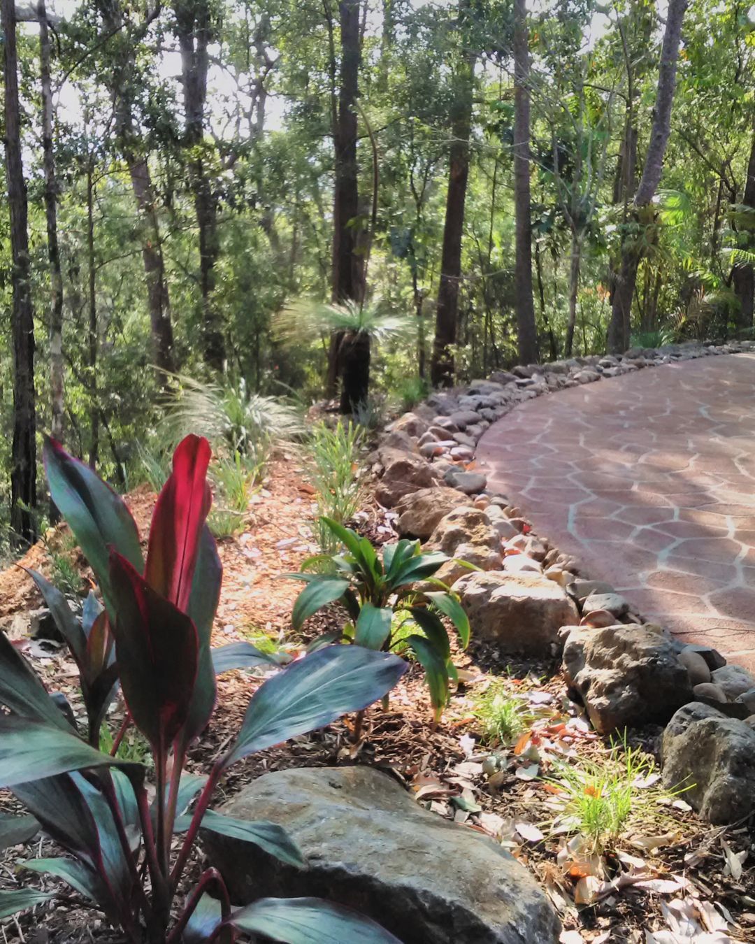 A Stone Walkway Leading To A Bench In A Garden — Full Circle Landscaping in Uki, NSW