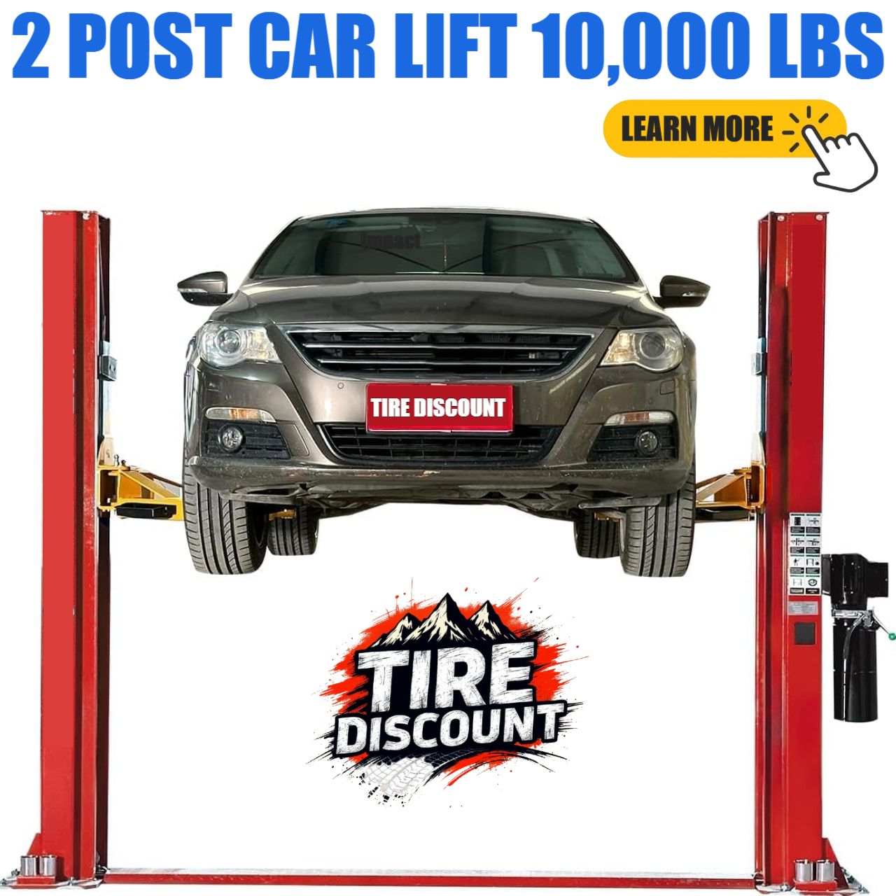A car lifted on a red 2-post car lift with Tire Discount logo.