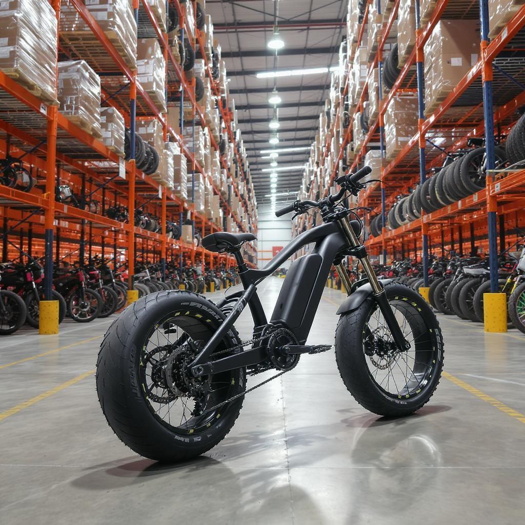 Black electric fat tire bike in a warehouse, surrounded by shelves of boxes and other bikes.