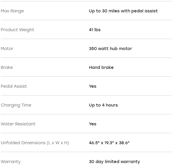 a screenshot of the specifications of an electric scooter .