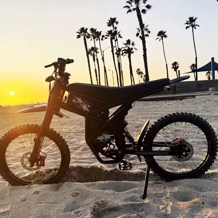 Black electric dirt bike on sandy beach at sunset, palm trees in the background.