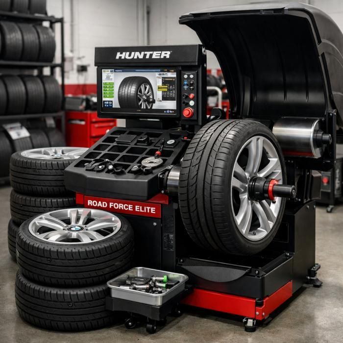 Wheel balancing machine with mounted tire in a tire shop, surrounded by stacked tires and rims