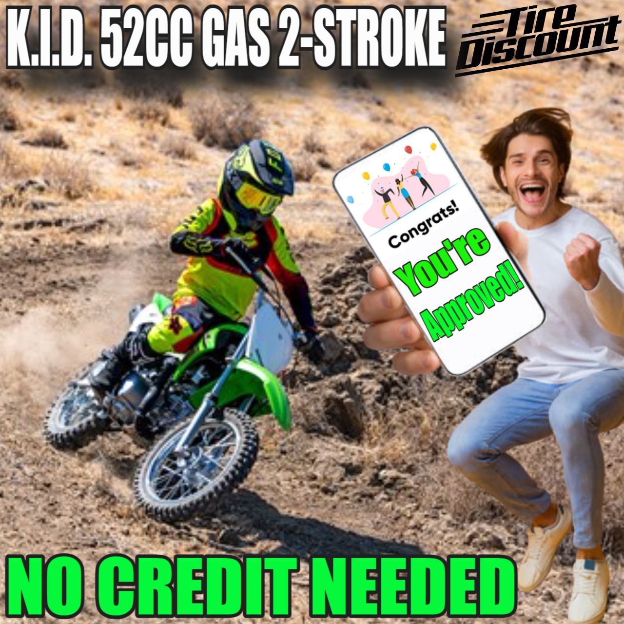K.I.D. 52 CC 4-STROKE GAS DIRT BIKE BY TIRE DISCOUNT NO CREDIT NEEDED