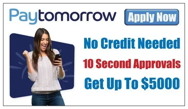 A woman is standing in front of a sign that says paytomorrow apply now no credit needed 10 second approvals get up to $ 5000