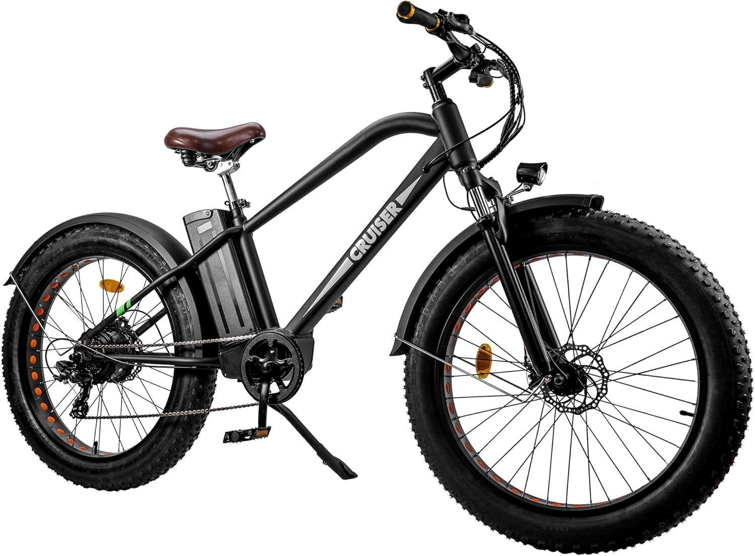 A black TD CRUISER electric bike with a large tire on a white background.