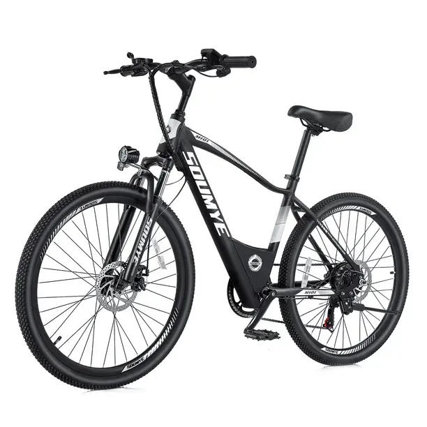 A black TD M101 electric bike is sitting on a white surface.