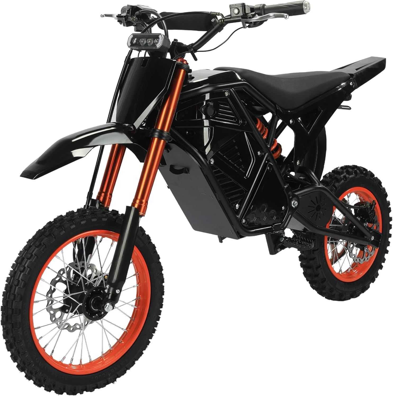 Black off-road electric dirt bike with orange rims on a white background