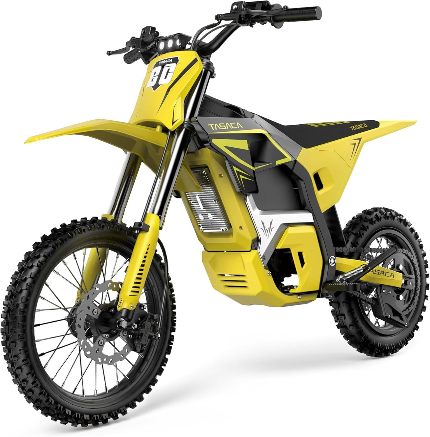 A black electric bike is sitting on a white surface.