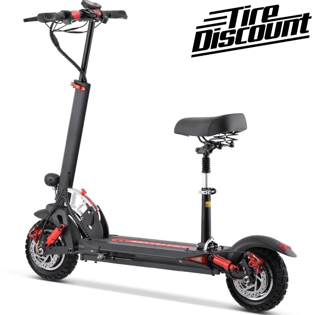 a black electric scooter with a seat on a white background .