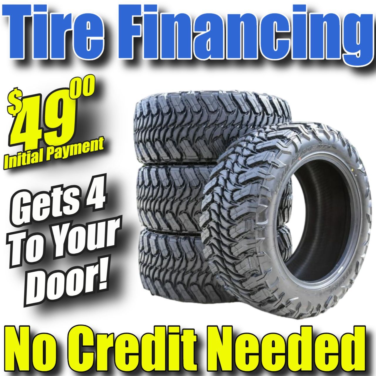 three tires are stacked on top of each other on a sign that says tire financing