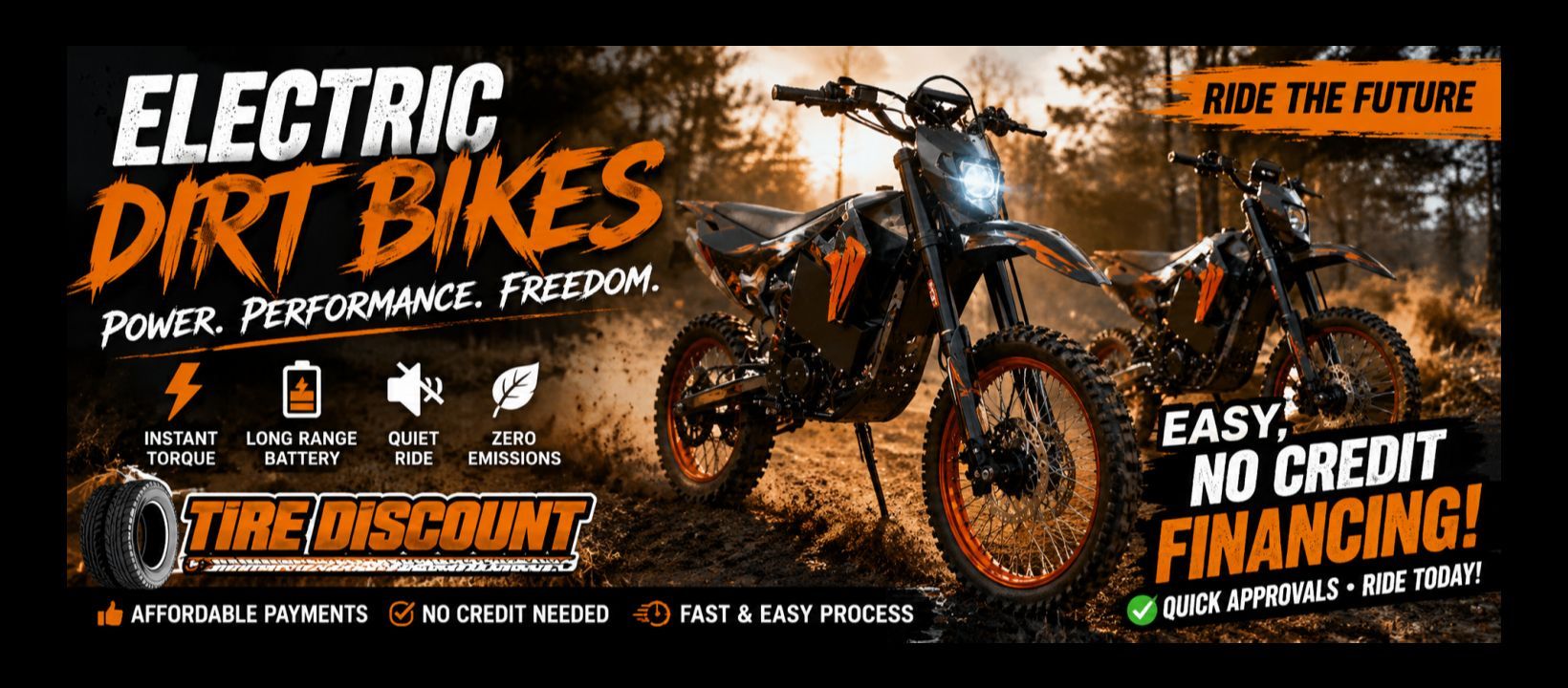 Orange electric dirt bikes promo with rider, bold sale text, and financing offer on black background