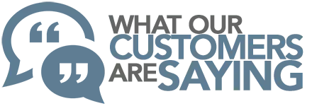 a logo that says `` what our customers are saying '' with a speech bubble .