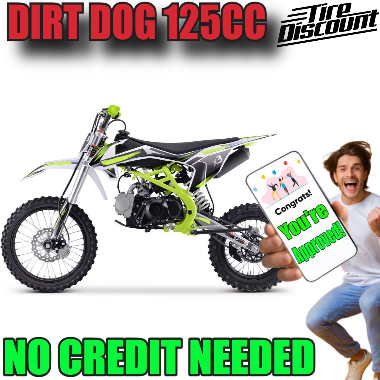 DIRT DOG 125CC 4-STROKE GAS DIRT BIKE BY TIRE DISCOUNT NO CREDIT NEEDED