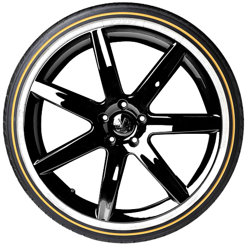 a close up of a car wheel with a yellow tire on a white background .