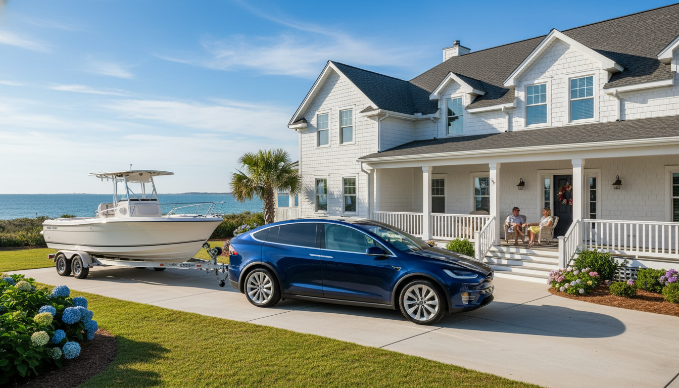 Blue Tesla towing boat in driveway of white house; ocean view.