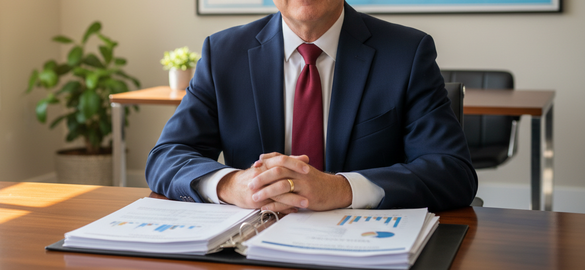 A person in a suit sits at a desk, looking at documents.