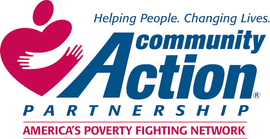 Community Action Partnership logo with pink heart and blue text, “Helping People. Changing Lives.”