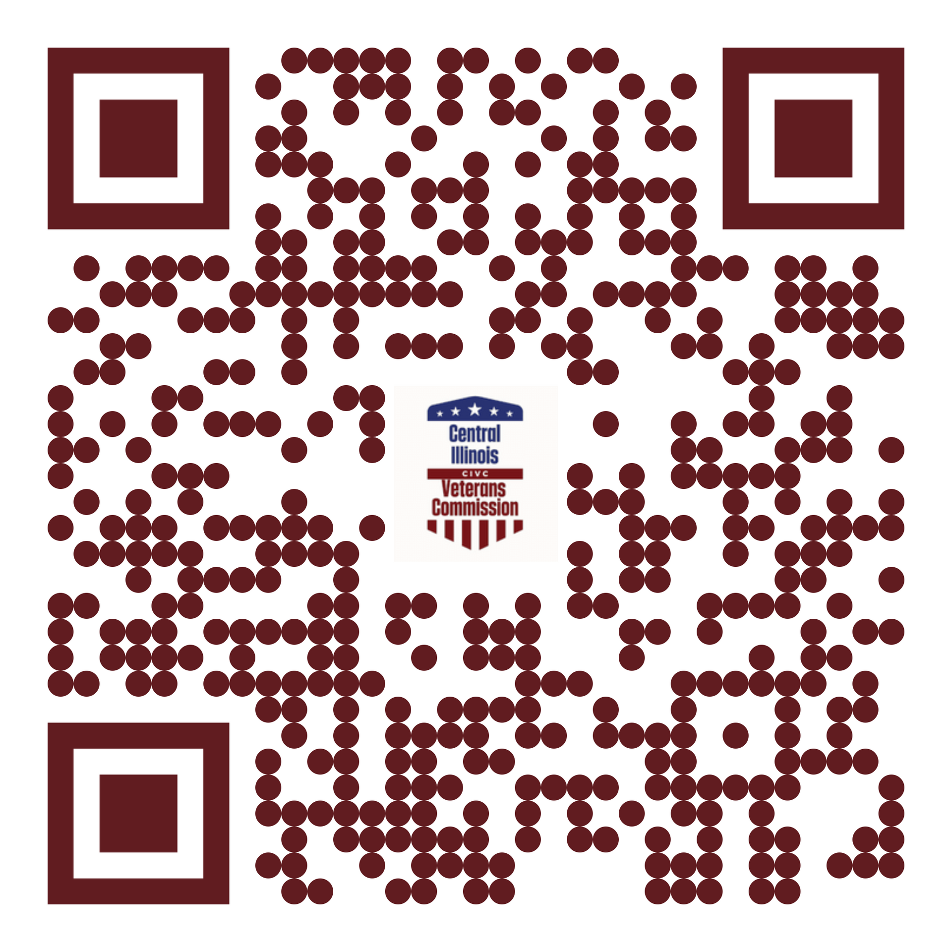 Maroon QR code with a small centered business logo on white background