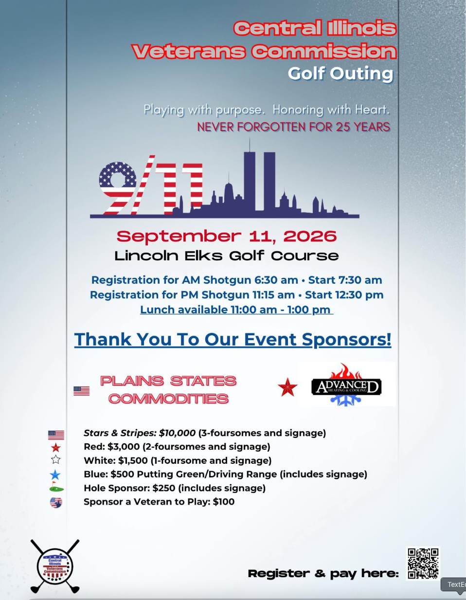 Flyer for Central Illinois Veterans Commission golf outing, Sept. 11, 2026, with U.S. flag skyline and sponsor details