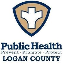 Public Health Logan County logo with tan shield and white cross icon, blue text and border