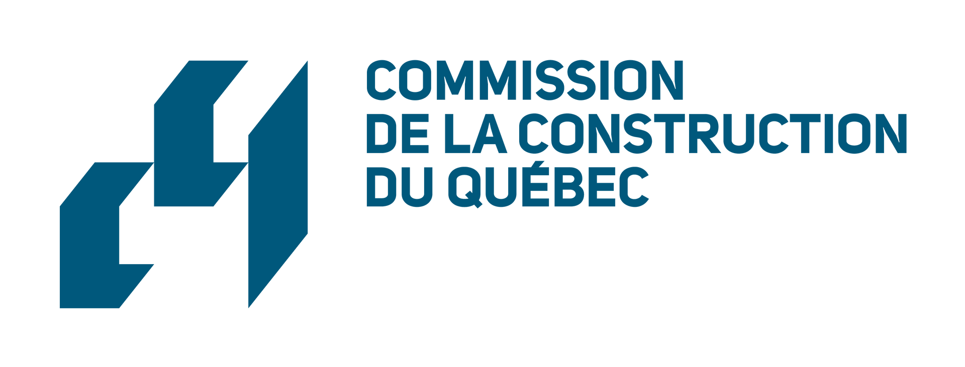 Logo de la Commission de la construction du Québec, avec des formes bleues abstraites et du texte.