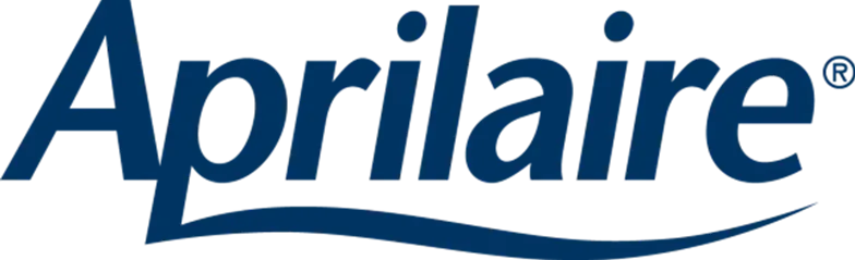 Aprilaire logo in blue with a navy wave underline