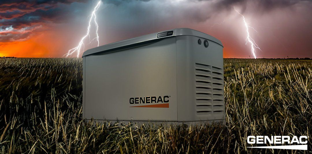 Gray Generac generator in a cornfield under a stormy sky with lightning