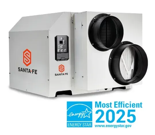 Santa Fe Energy Star 2025 white ventilation unit with black ducts and logo badge